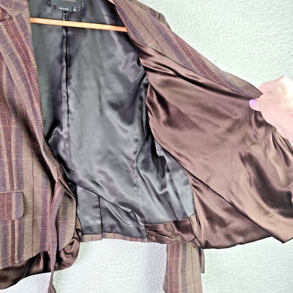 BCBGMaxAzria Plaid Blazer Brown Satin Hem Bow Tailored Designer Preppy Statement - Picture 8 of 15